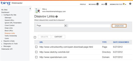 Désavouer un lien sur Bing Webmaster tools