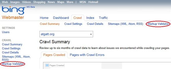 Bing Webmaster Tools Markup Validator