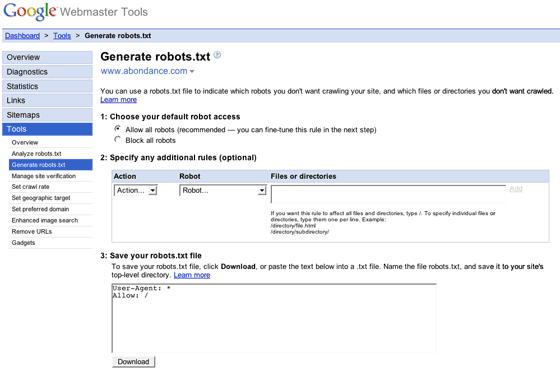 Generaeur de robots.txt par Google