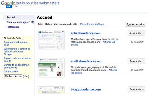 Accueil Google Webmaster Tools