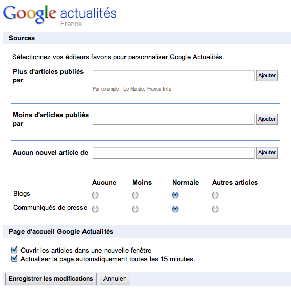 Paramètres Google Actualités