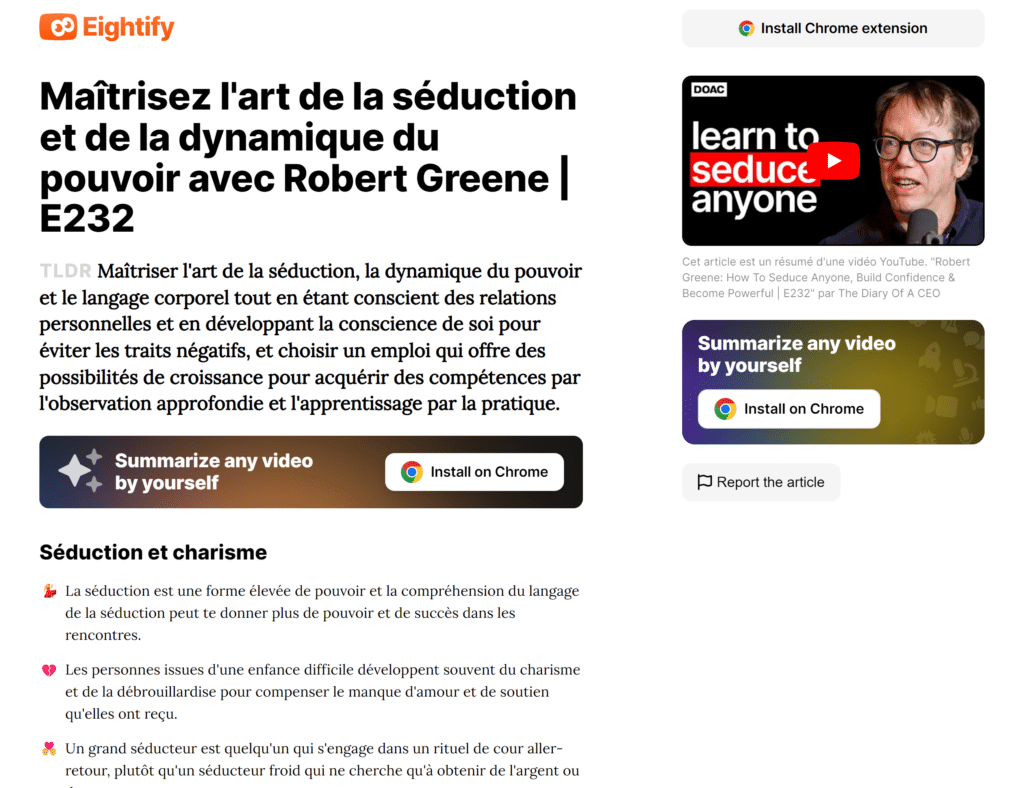 eightify.app exemple de page de résumé de contenu