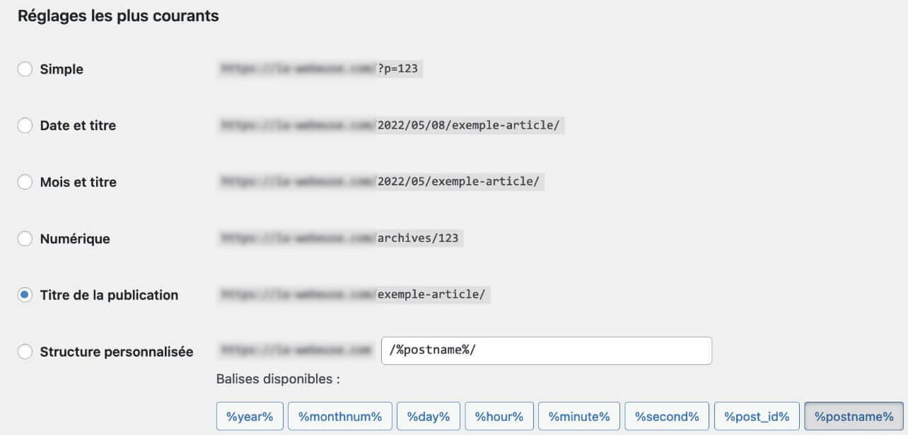 Possibilités de réglage des permaliens dans WordPress