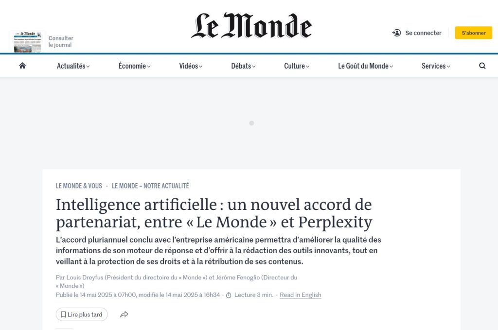 article du Monde sur son partenariat avec Perplexity