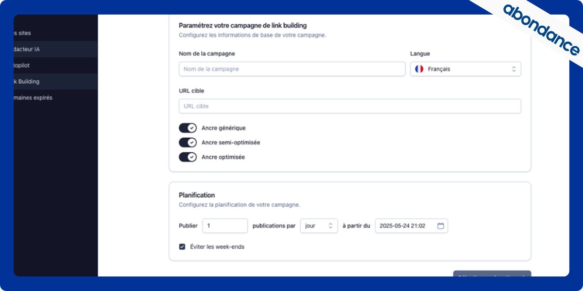 Fonctionnalité automatisation de backlinks d'Otomatic.ai