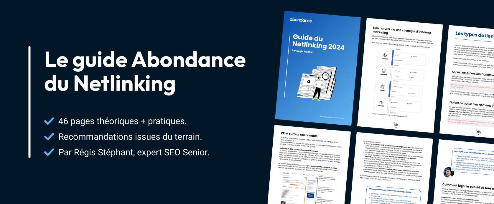 Couverture du guide "du netlinking" par abondance, fond bleu clair et violet