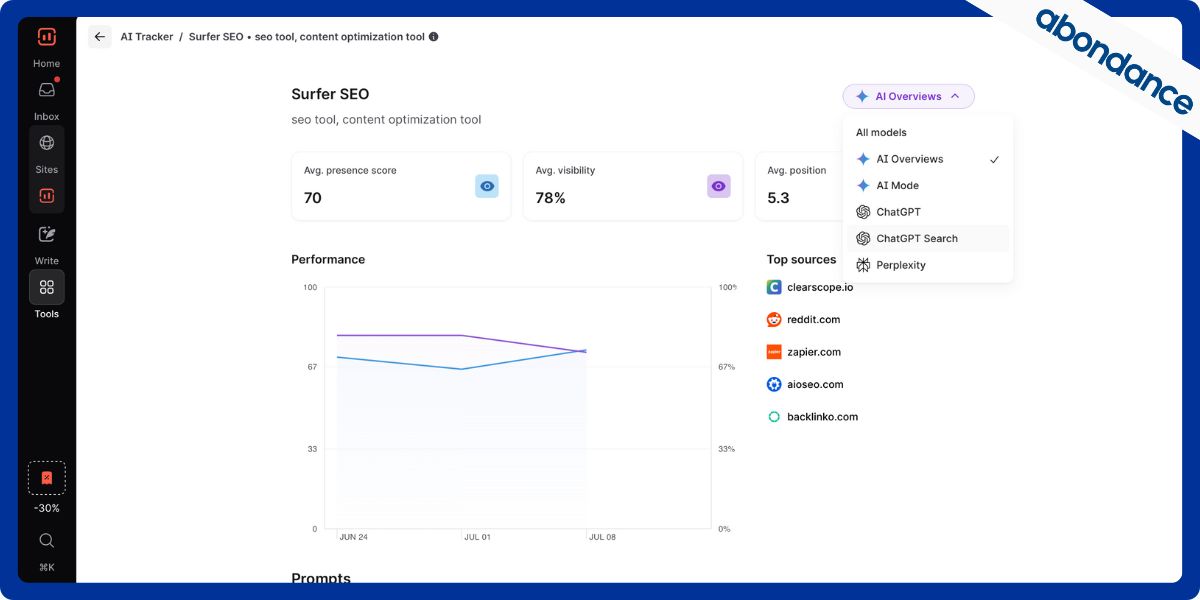 Visuel de la fonctionnalité suivi dans les LLMs de Surfer SEO