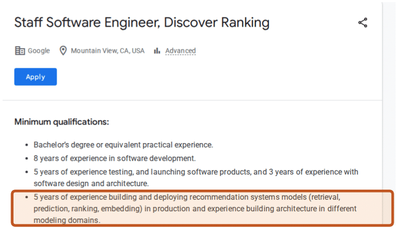Capture de l’offre « Staff Software Engineer, Discover Ranking » sur Google Careers, la quatrième ligne des prérequis nommant retrieval, prediction, ranking et embedding.