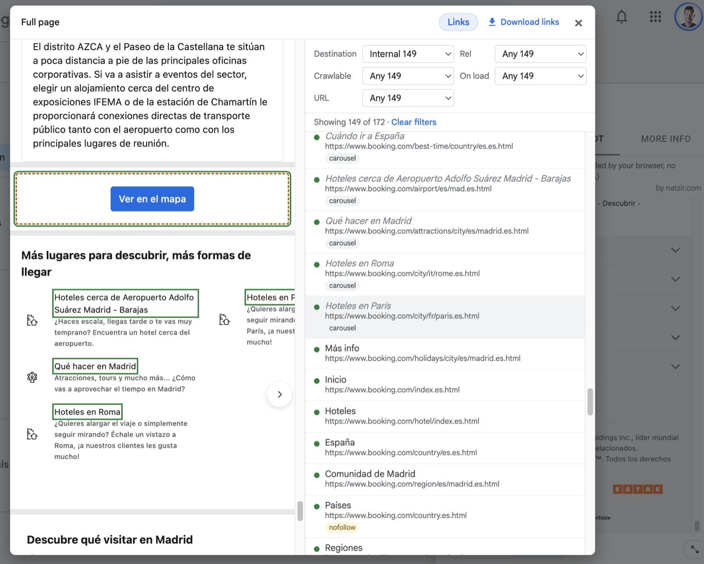 GSC Full Render : la liste des liens de la page, avec ses filtres, et les liens encadrés sur la page