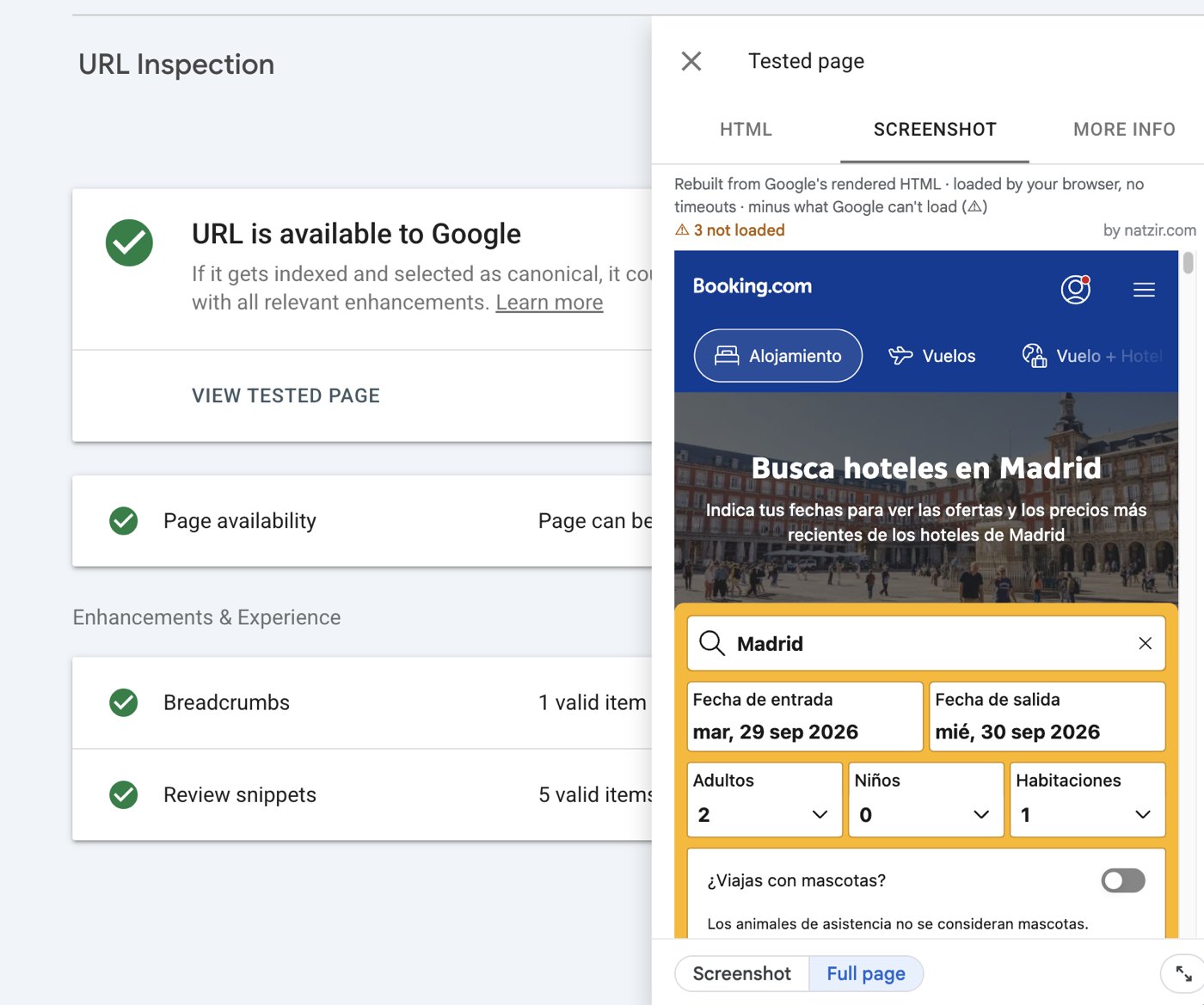 Inspection d'URL de la Search Console : l'onglet Capture d'écran affiche la page entière reconstruite par le bookmarklet GSC Full Render