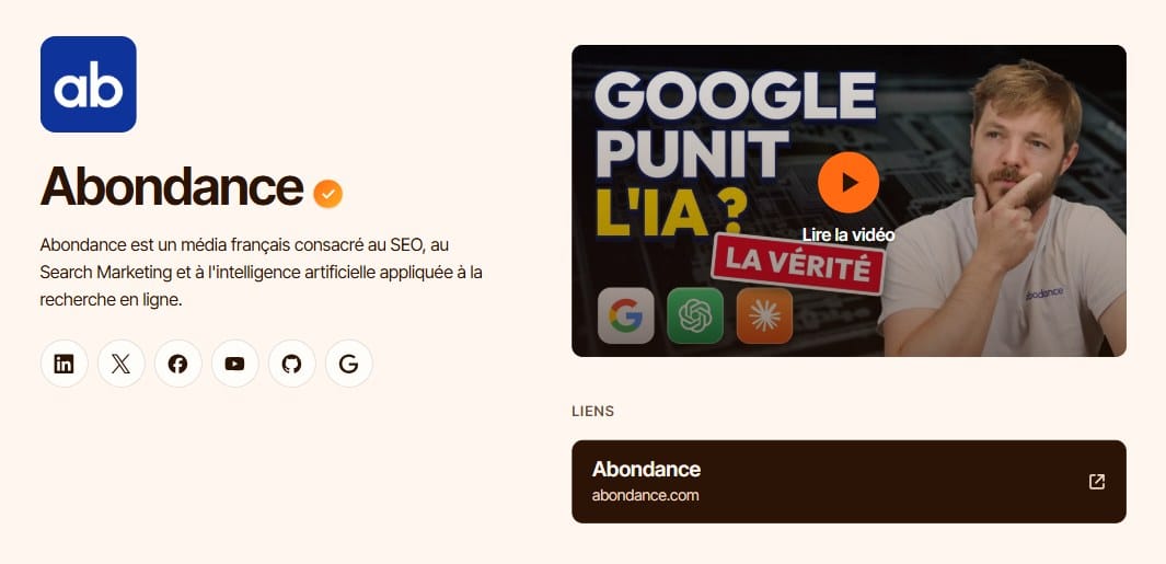 La page Entreprise d'Abondance sur Lycos.fr, avec logo, description, réseaux sociaux, vidéo et lien vers abondance.com