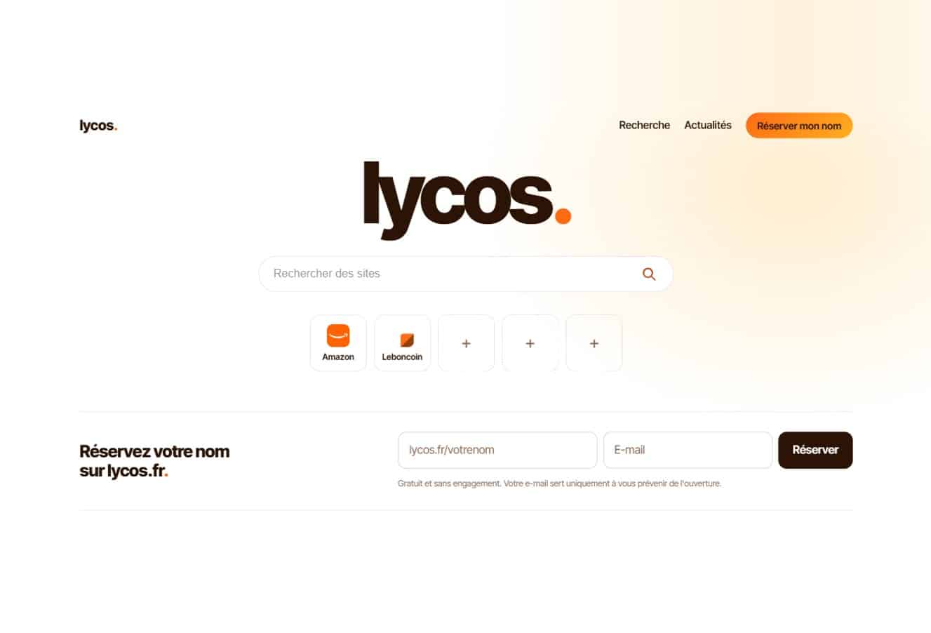 La page d'accueil du nouveau Lycos.fr : logo, moteur de recherche et réservation de son nom
