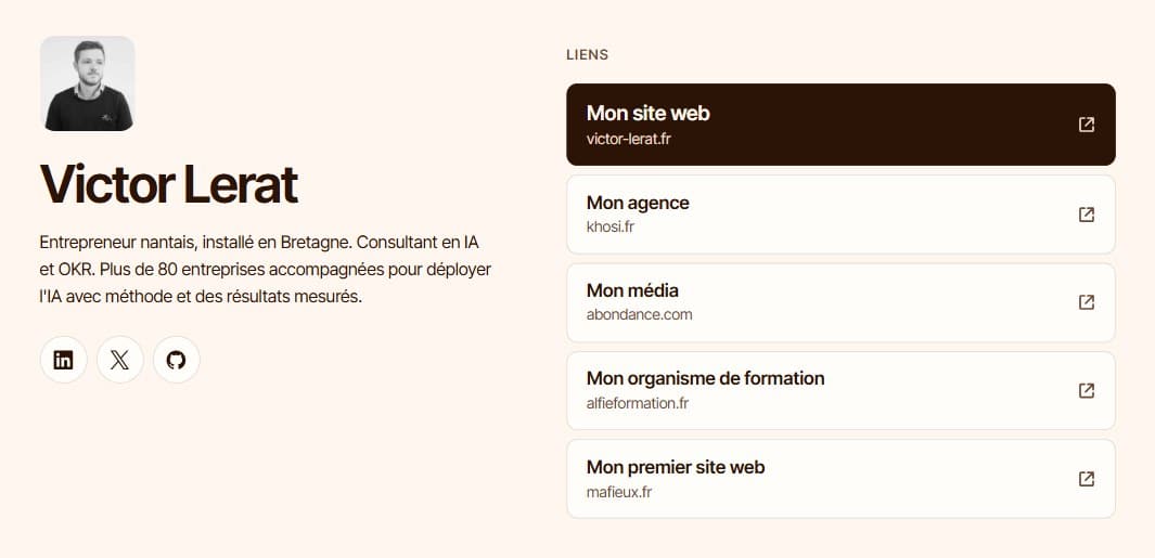 La page personnelle de Victor Lerat sur Lycos.fr, avec photo, présentation, réseaux sociaux et cinq liens