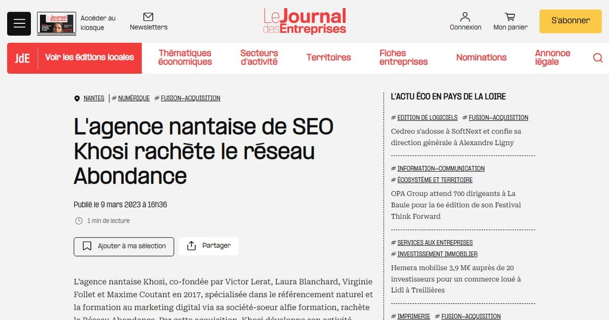 L'agence nantaise de SEO Khosi rachète le réseau Abondance