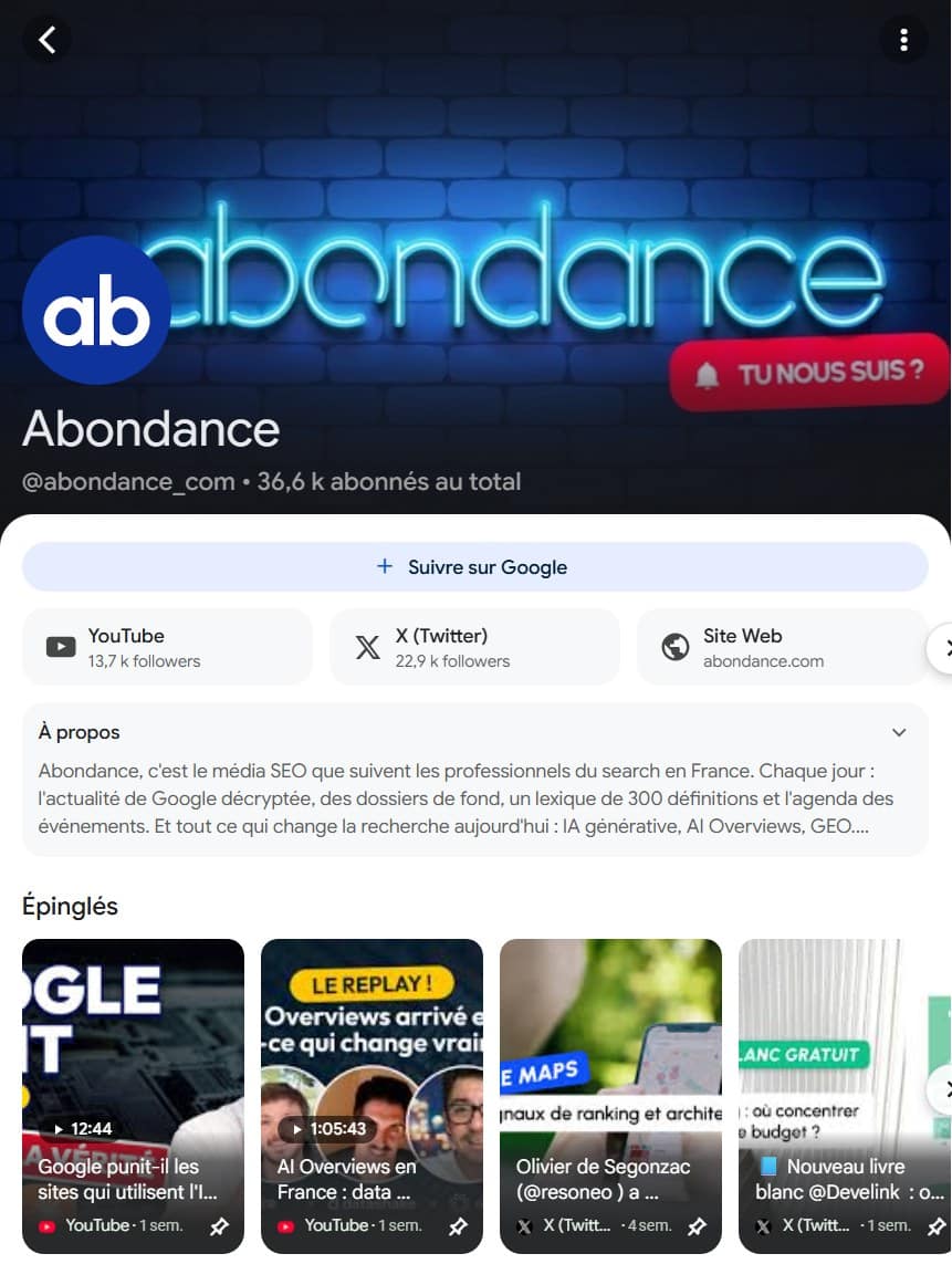 Le profil d'Abondance dans la Recherche Google, avec le bouton Suivre sur Google