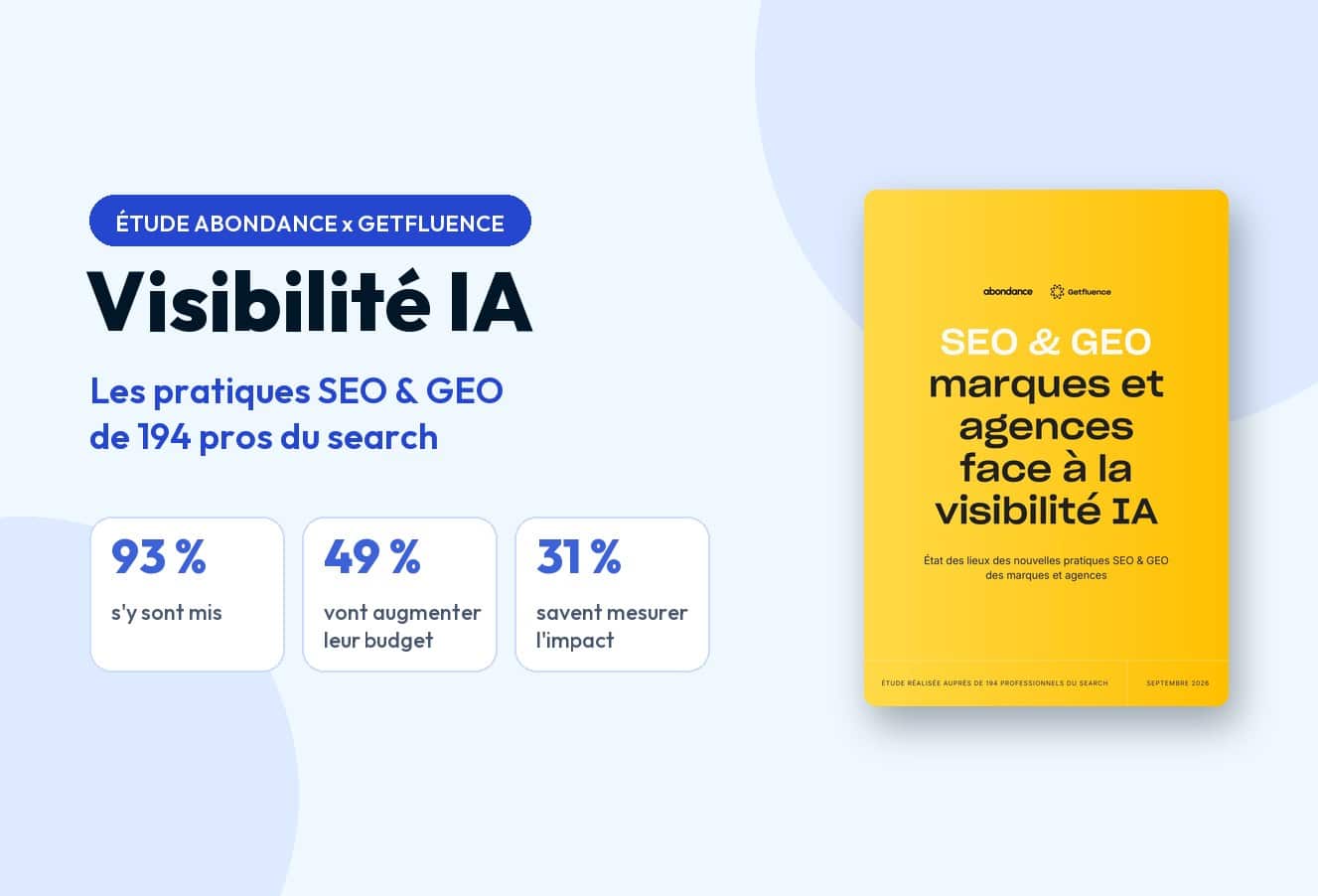 Étude Abondance x Getfluence sur la visibilité IA : 93 % des pros du search s'y sont mis, 49 % vont augmenter leur budget, 31 % savent mesurer l'impact