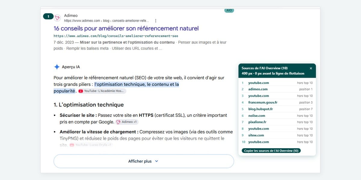 Sources de l'AI Overview - Y'SERP