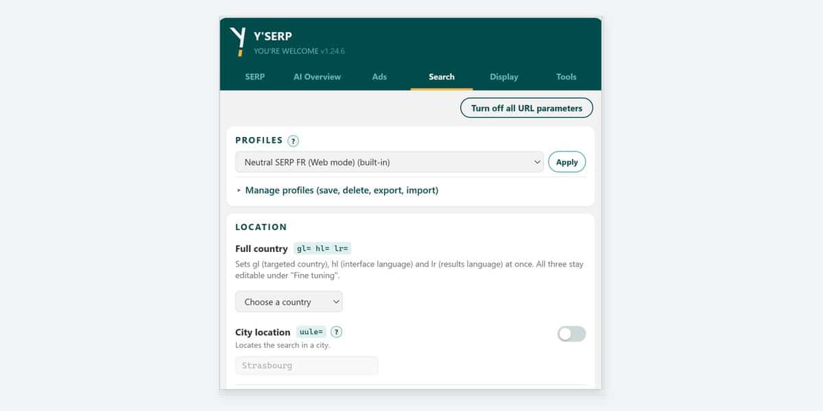 Paramètres d'URL et profils - Y'SERP